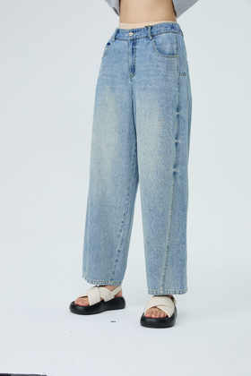 【显瘦爆款】水淼2026春夏新品休闲浅兰香蕉松紧腰薄料软牛仔裤2262