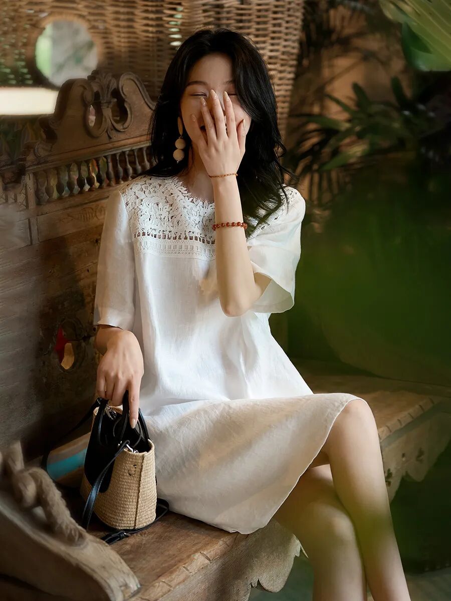 Meline Kaylin「一生浮梦」亚麻天丝短袖/连衣裙，南法假日风，在极简与极繁间成就的高级感【3-5天发货】