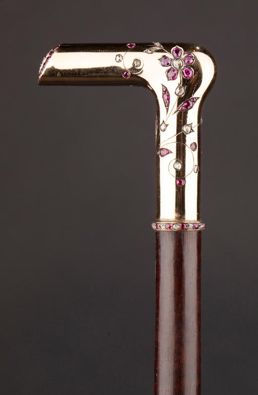 独角鹿西洋古董1890年代法国出品18K黄金手柄镶嵌钻石红宝石蛇木手杖(杖柄可拆卸) 商品图2