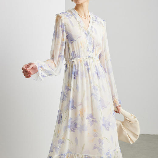 「自」全新升级【铂金会员735/天猫989/差价254】(03129)洛诗琳法式真丝印花连衣裙女2026春夏新款木耳边收腰裙子 商品图3