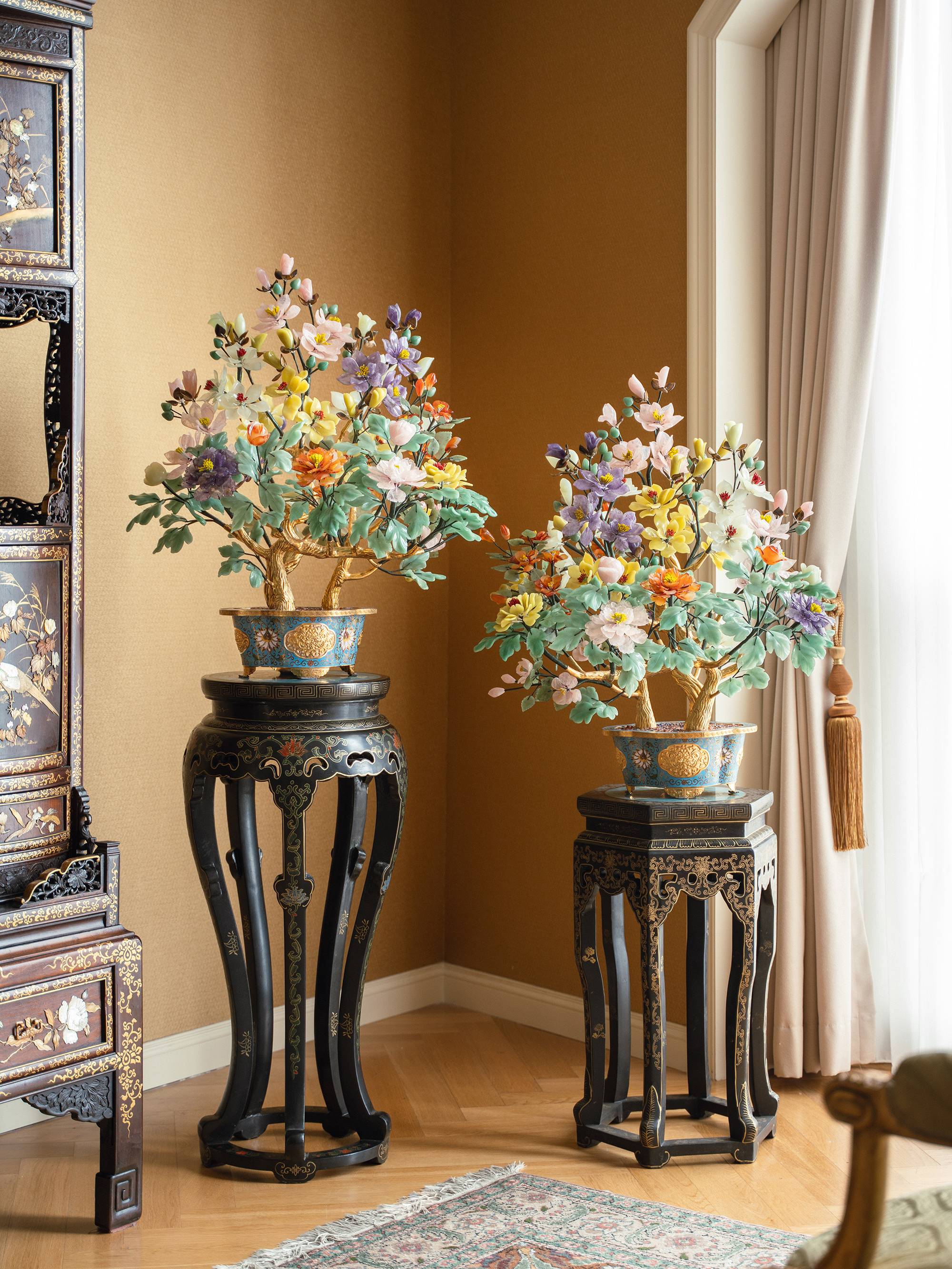 独角鹿西洋古董中国出品传统宝相花纹景泰蓝盆装饰「玉堂富贵」主题珍宝像生盆景一对