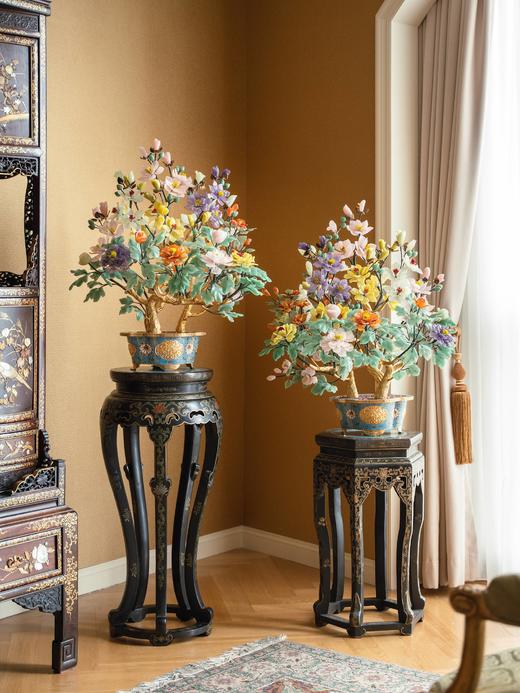 独角鹿西洋古董中国出品传统宝相花纹景泰蓝盆装饰「玉堂富贵」主题珍宝像生盆景一对 商品图0