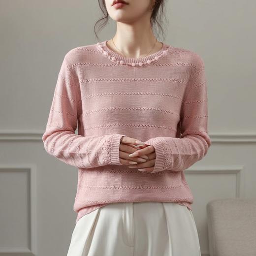 浅浅晚风～法式珍珠圆领针织衫女真丝镂空条纹长袖上衣 商品图0
