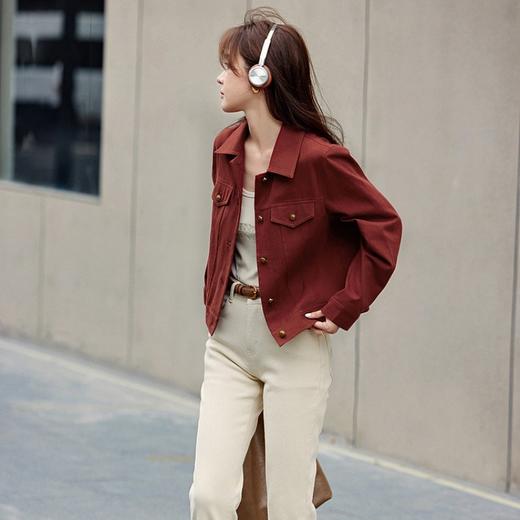下单3-7天发货！LONGNVFAIR 天丝醋酸圆领短外套 ORIGNAL&CO 甜酷系复古波尔多红牛仔外套 商品图12