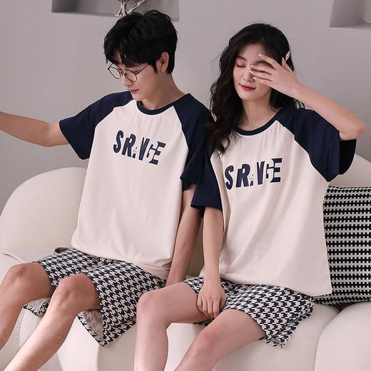 华夫格情侣睡衣夏季短袖棉质薄款大码宽松男女士套装卡通家居服夏 商品图1