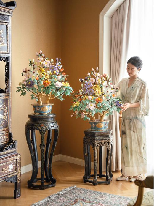 独角鹿西洋古董中国出品传统宝相花纹景泰蓝盆装饰「玉堂富贵」主题珍宝像生盆景一对 商品图1