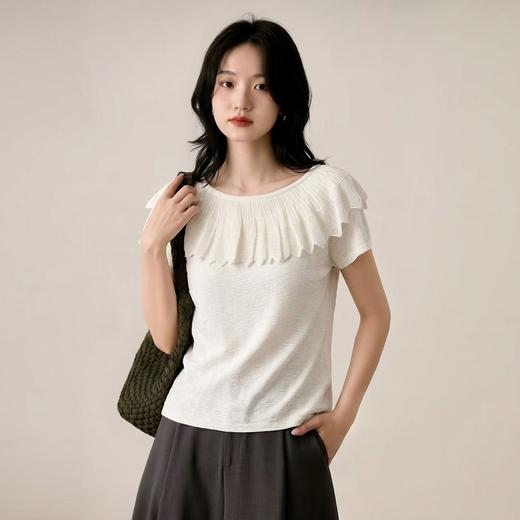 暮色剪影~法式荷叶边天丝亚麻一字肩针织短袖女短款显瘦百搭针织背心 商品图2