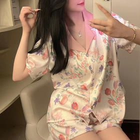 冰丝睡衣女绝美印花卉高颜值短袖短裤两件套夏季薄款家居服女批发