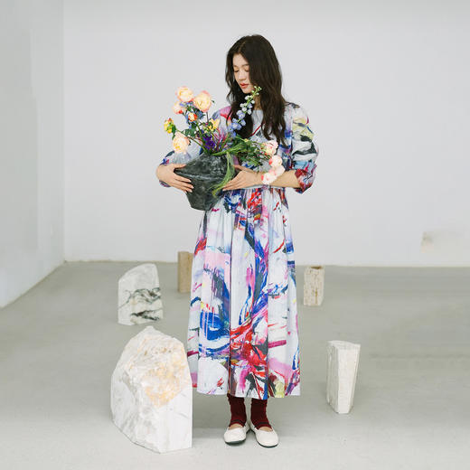 绽放172朵/「余味-2」花仙子*zijun联名系列亚麻印花松紧腰连衣裙 商品图2
