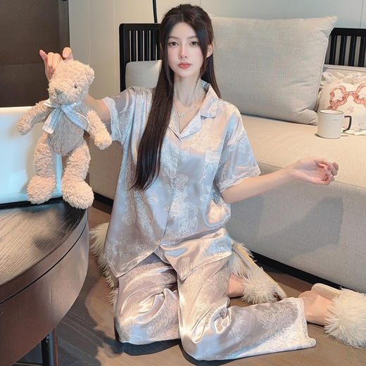 花卉ins风高级感冰丝睡衣女夏季短袖长裤休闲气质套装家居服批发 商品图2