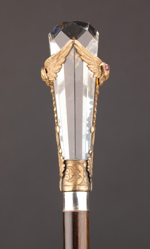 独角鹿西洋古董1890年代法国出品镀银精雕镶嵌红宝石双鹰纹主题水晶手柄硬木手杖 商品图4