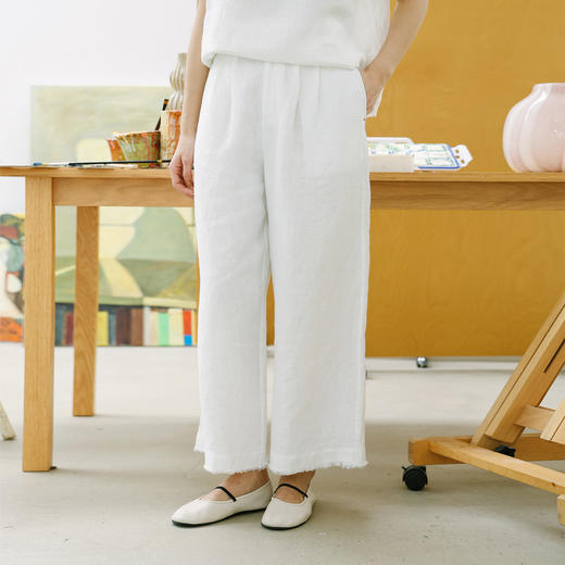 特绽放178朵/东方既白*zijun联名系列砂洗汉麻印花腰贴毛边九分裤 商品图0