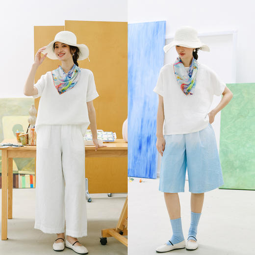 特绽放179朵/小白*zijun联名系列砂洗汉麻三角针梭织短袖T恤女夏 商品图3