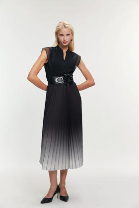 SAFICOO 墨影渐变收腰百褶雪纺连衣裙