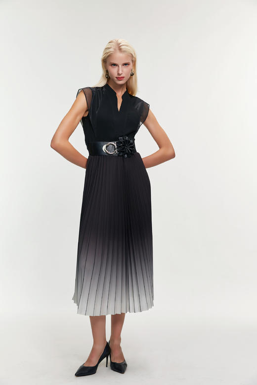 SAFICOO 墨影渐变收腰百褶雪纺连衣裙 商品图0