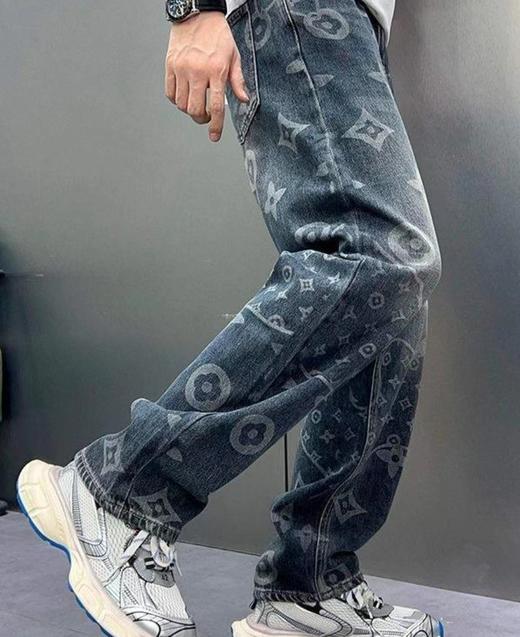F040203春秋季新款休闲时尚百搭直筒满印提花款男士牛仔裤长裤 商品图5
