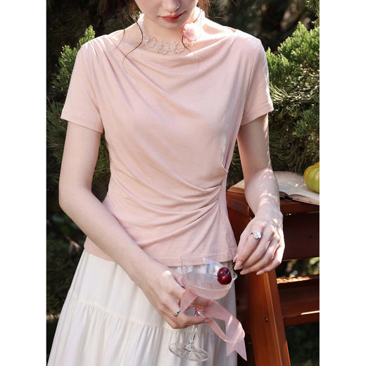 鹿向南【0405/20:00新品】粉色收腰短袖T恤 商品图3