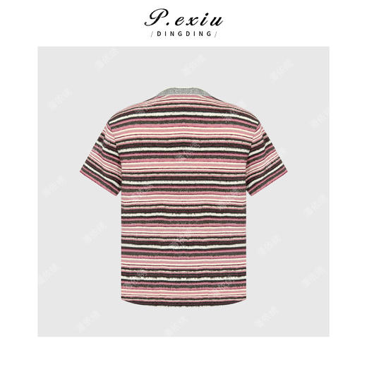 PanYiXiu/潘依绣复古撞色条纹立体绒感显瘦百搭圆领短袖T恤 W-63706 商品图1