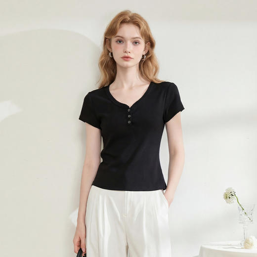 西遇简约韩系女夏季2026夏季新款修身纯欲辣妹U领短款打底上衣T恤H0060225 商品图4