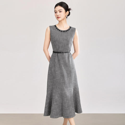 「高货wl」全新升级【铂金会员395/天猫529/差价134】(05648)洛诗琳法式通勤收腰连衣裙2026新款重工钉珠无袖鱼尾裙女 商品图0