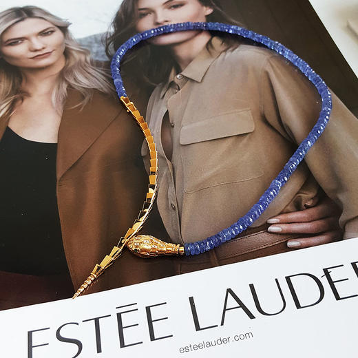 【天然正品】AU750玫瑰金设计款镶钻镶天然切割算盘珠型坦桑石蛇形项链42CM 250326NJM36 商品图2