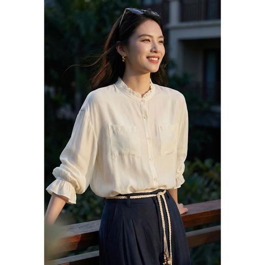 天丝亚麻真丝混纺防晒衬衫 米思阳2026春夏新款罩衫衬衣白色可外搭可单穿衬衫上衣女1181 商品图2