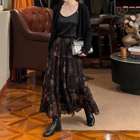 赴花期~法式复古印花设计感100%乔其纱松紧腰半身裙女网纱长裙