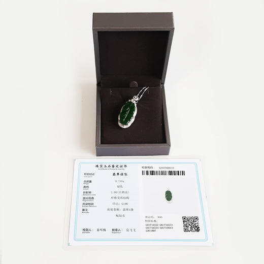 【天然正品】A货翡翠AU750收藏级白金镶钻镶天然细腻满绿冰种叶子造型（金枝玉叶）翡翠吊坠项链41.5*16.9*7.8MM（皆取最大值）131125AH21 商品图1