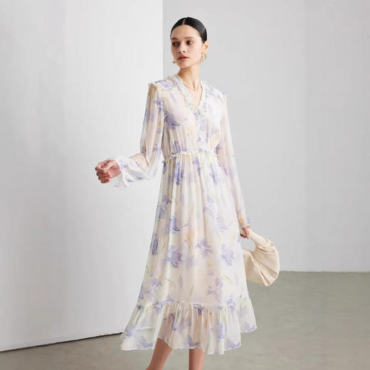 「自」全新升级【铂金会员735/天猫989/差价254】(03129)洛诗琳法式真丝印花连衣裙女2026春夏新款木耳边收腰裙子 商品图0
