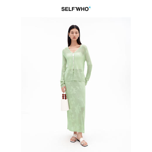 SELFWHO天丝亚麻混纺绿绒蒿提花镂空针织衫女2026夏季新款v领上衣 商品图2