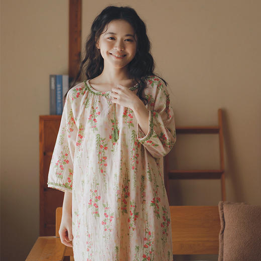 全棉双层纱~浪漫系带纯棉睡裙女春夏季七分袖睡衣女士全棉纱布家居服大码可外穿 商品图0