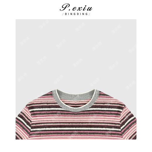 PanYiXiu/潘依绣复古撞色条纹立体绒感显瘦百搭圆领短袖T恤 W-63706 商品图2