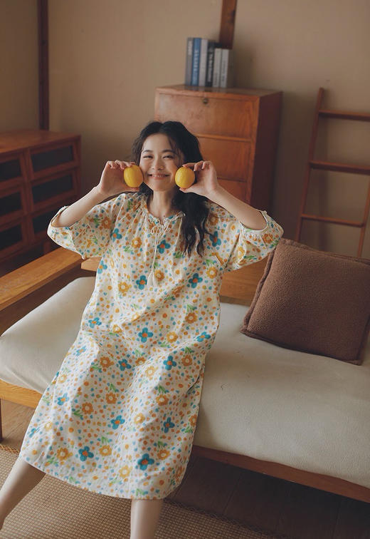 全棉双层纱~浪漫系带纯棉睡裙女春夏季七分袖睡衣女士全棉纱布家居服大码可外穿 商品图4