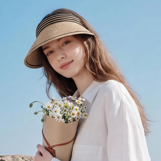 三彩2026新款空顶大帽檐遮阳帽沙滩海边出游夏编织条纹帽子鸭舌女 商品图1