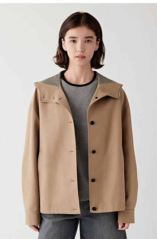 全棉双面布夹克外套 外简内繁短款风衣 正反异色千鸟格双面布 全棉双面布 柔软舒适 正反异色 短款+抽绳设计 比例自由切换撞色牛角扣 商品图3