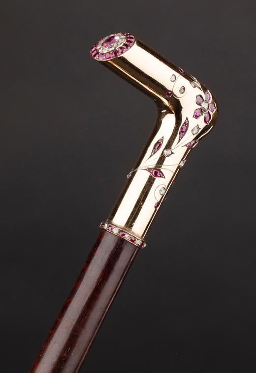 独角鹿西洋古董1890年代法国出品18K黄金手柄镶嵌钻石红宝石蛇木手杖(杖柄可拆卸) 商品图4