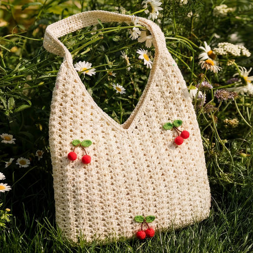 三彩2026新款单肩手提大容量包包通勤小众编织樱桃田园森系甜美女 商品图1