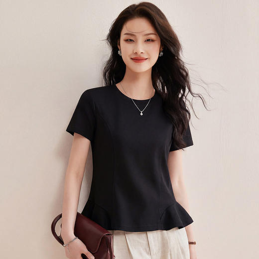 「自j」全新升级【铂金会员119/天猫159/差价40】(05142)洛诗琳拼接荷叶边云朵短袖上衣2026设计感薄款正肩显瘦T恤 商品图3