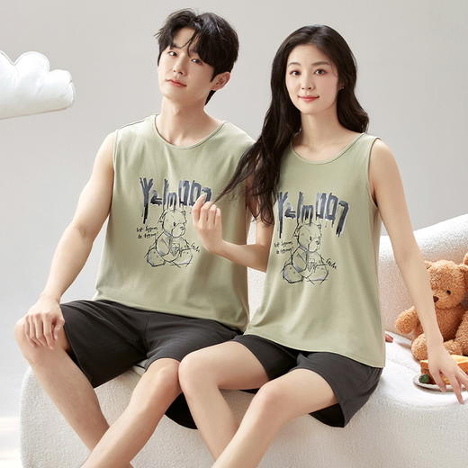 新款棉质睡衣女夏季甜美休闲吊带两件套无袖砍肩家居服夏天 商品图3