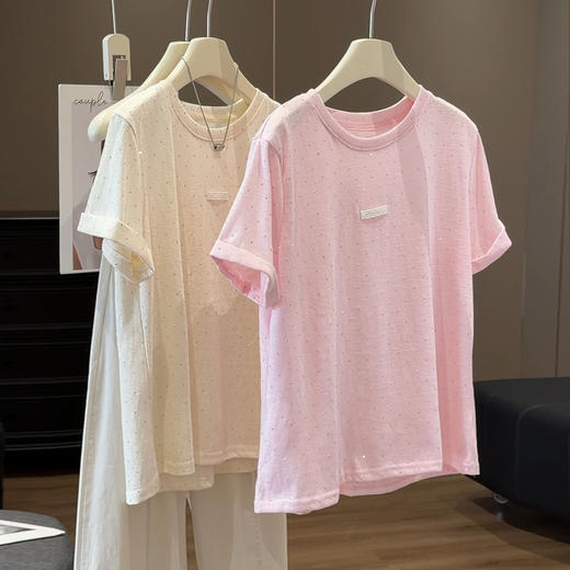 【短袖t恤女夏季】重工烫钻新款 设计感洋气圆领宽松气质休闲上衣  商品图1