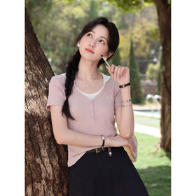 鹿向南【0405/20:00新品前1小时7折限量100件】假两件粉色T恤短袖