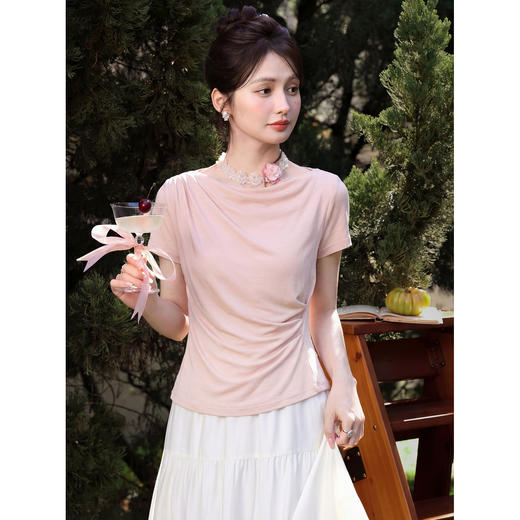 鹿向南【0405/20:00新品】粉色收腰短袖T恤 商品图2
