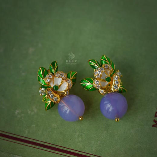 龢盒原创 薰衣草紫珠配翡翠银镶耳钉 商品图1