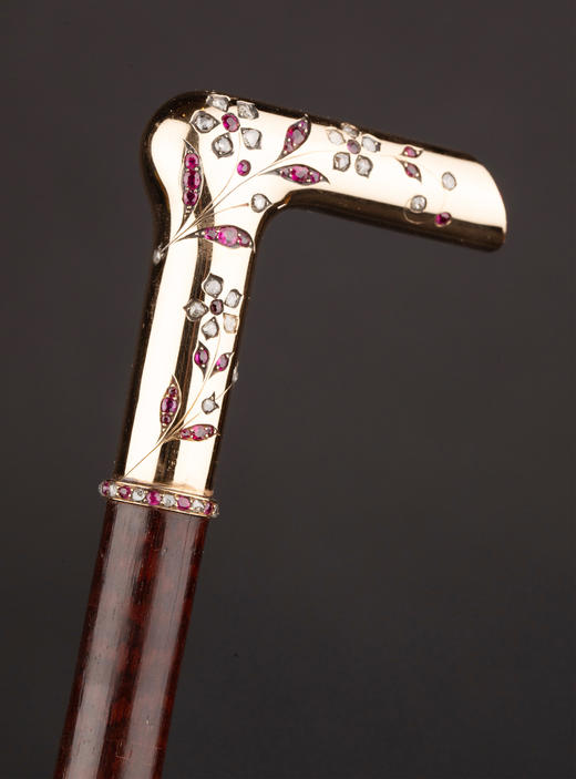 独角鹿西洋古董1890年代法国出品18K黄金手柄镶嵌钻石红宝石蛇木手杖(杖柄可拆卸) 商品图3