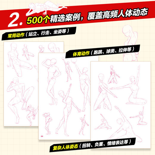人体结构临摹练习500例 人体动态结构造型临摹图册红描练习可撕式临摹本 商品图2