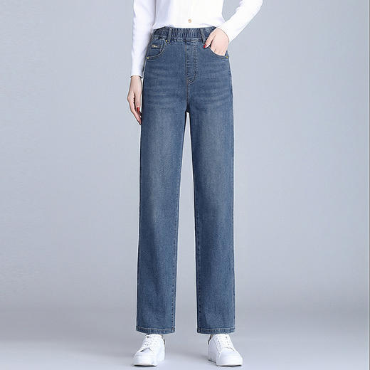 2026新款春季窄版阔腿牛仔裤女士大码胖mm弹力松紧腰宽松直筒裤子 商品图4