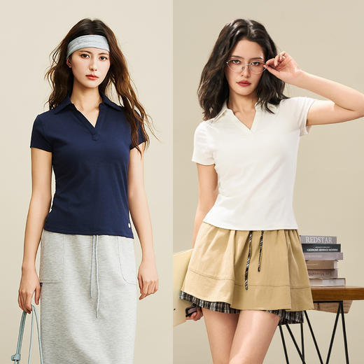 爱帝女士莱赛尔显瘦V领POLO衫夏季翻领短袖T恤 商品图2
