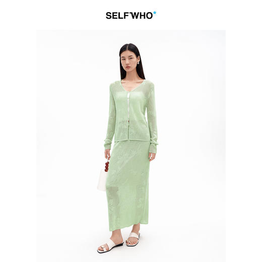 SELFWHO天丝亚麻混纺绿绒蒿提花镂空针织衫女2026夏季新款v领上衣 商品图1