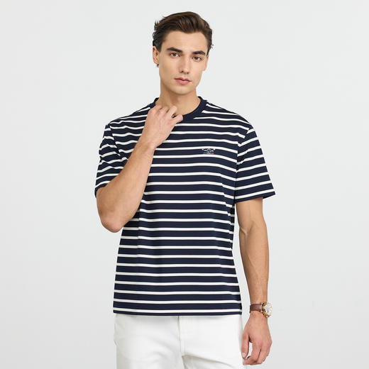 【棉混纺】德鲨条纹短袖圆领T恤男2026夏新款休闲弹力上衣打底衫 商品图1