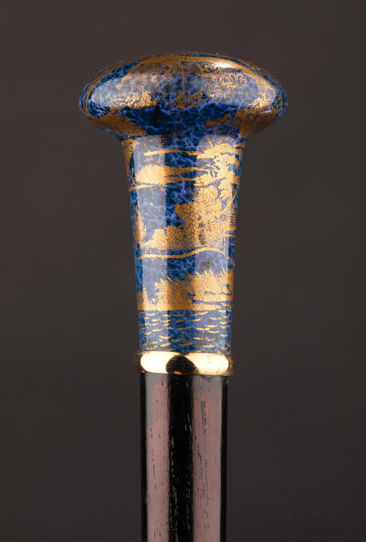 独角鹿西洋古董1910年代中国出品蓝地描金花鸟纹主题瓷手柄硬木手杖 商品图2